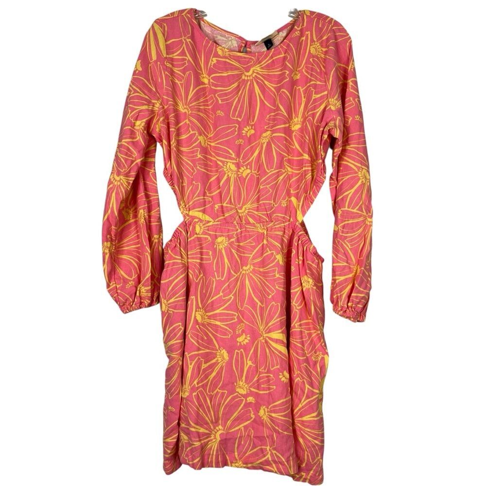 Universal Thread Dress Women’s XL Pink Yellow Floral Linen Balloon Sleeve Mini